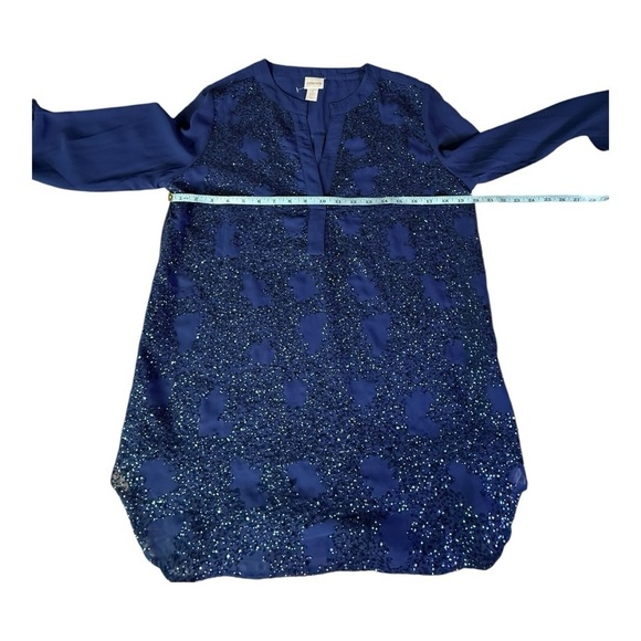 Chicos Cobalt Blue Split Neck Sequin Front Sheer Layered Occassion Blouse - Picture 10 of 13